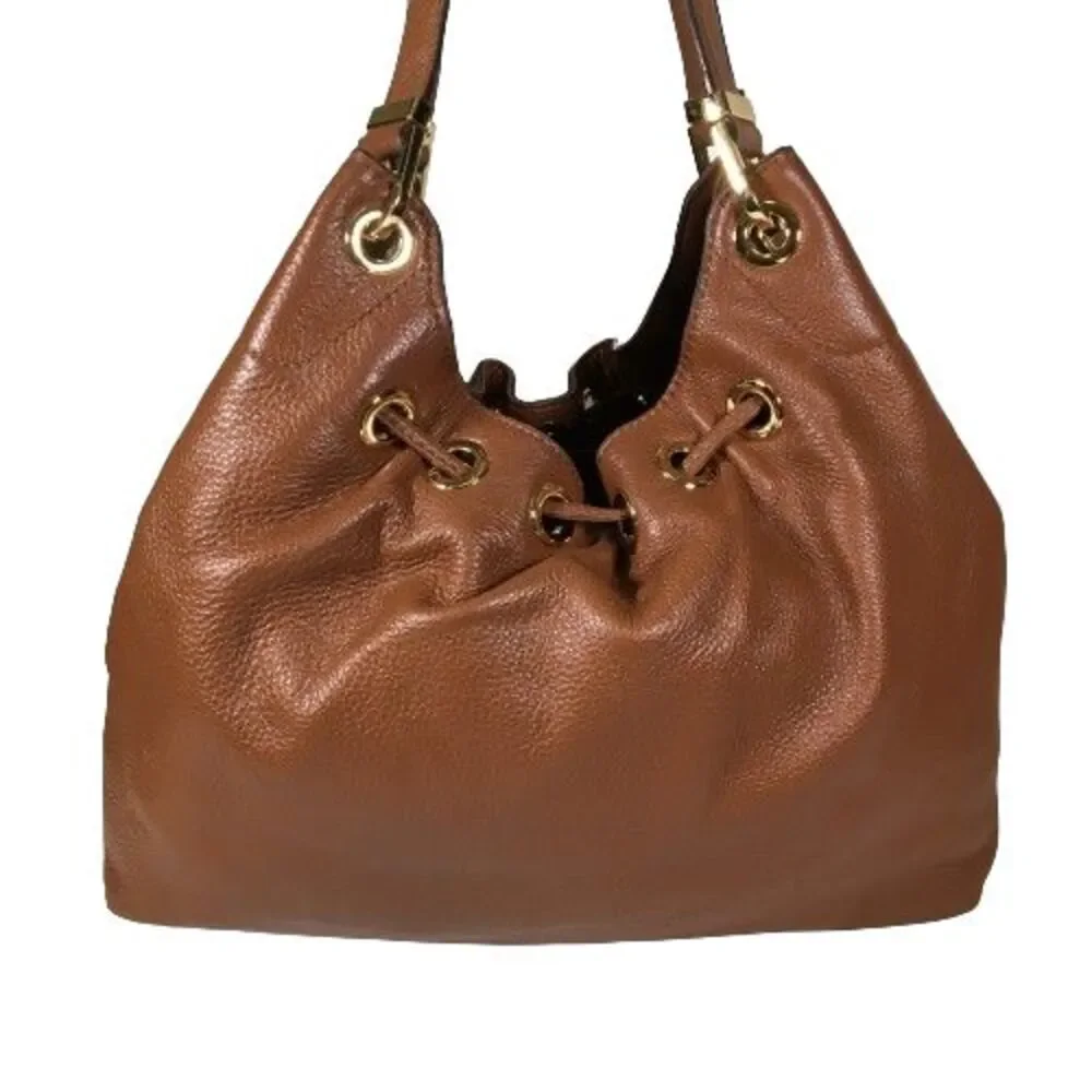 Michael Kors Luggage Brown Leather Camden Drawstring Shoulder Bag Purse Tote